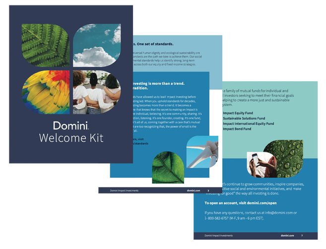 The Domini Welcome Kit digital brochure was designed through a strategic process, combining structured layouts, bold typography, and a balance of nature and societal imagery to visually reinforce the brand’s mission and values.